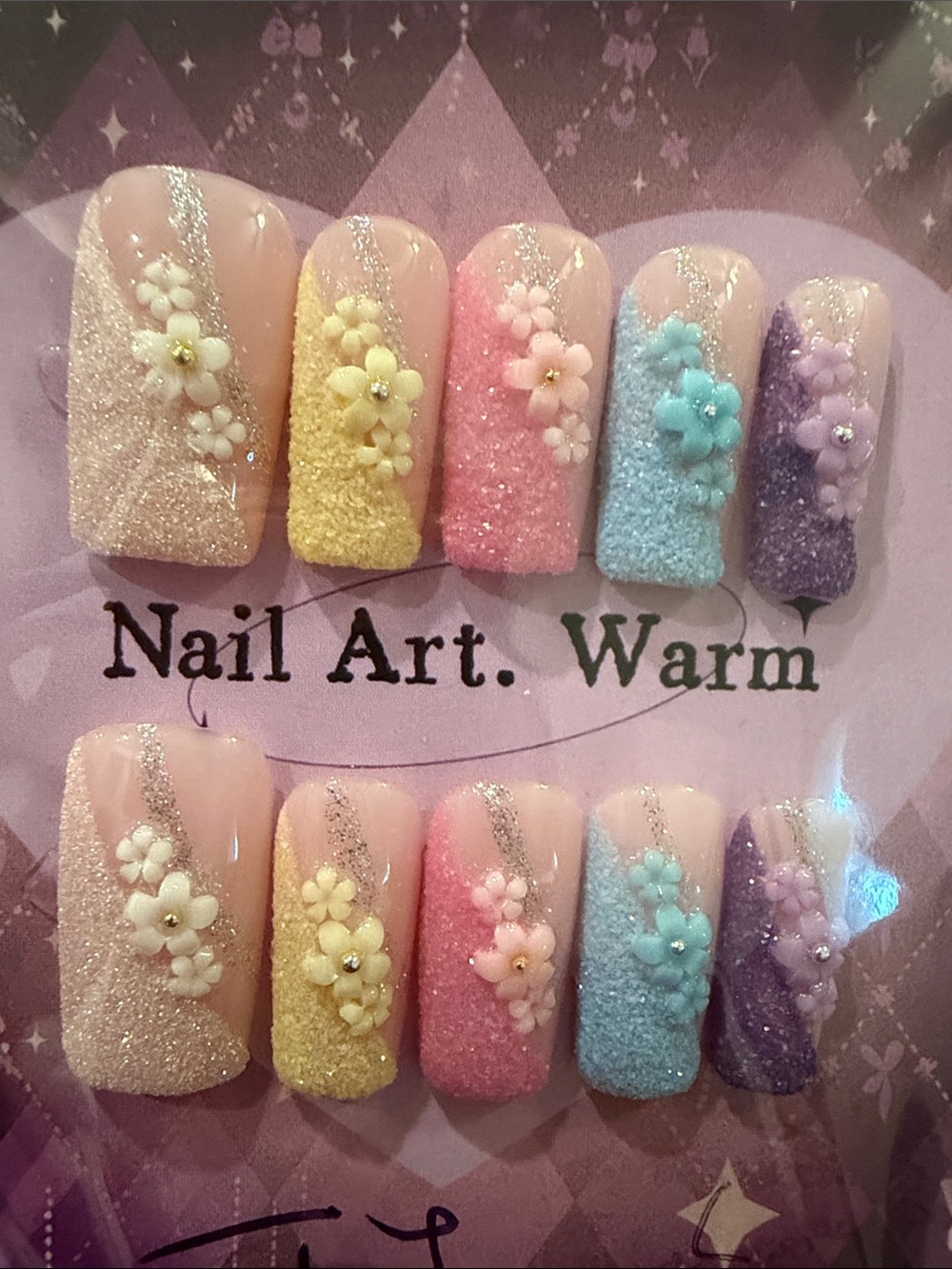 Colorful sugar glitter tip press on nails with 3 D flowers